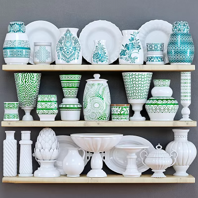 Ceramic Tableware Sets with Blue and Green Patterns and White Designs on Wooden Shelves 3d model