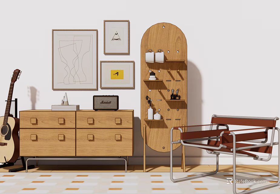 Wooden Console Table With Drawers Shelves Decorative Paintings And Accent Chair 3d model 