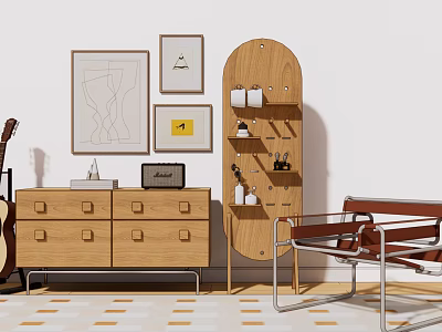 Wooden Console Table With Drawers Shelves Decorative Paintings And Accent Chair 3d model