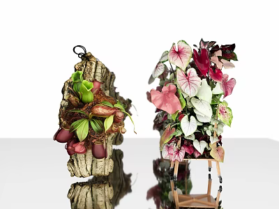 Hanging Plants On Wooden Log With Colorful Foliage And Pink White Leaves On Stand 3d model