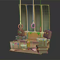 Cartoon Scene with Suitcases on Bench Green Panels and Hanging Rings