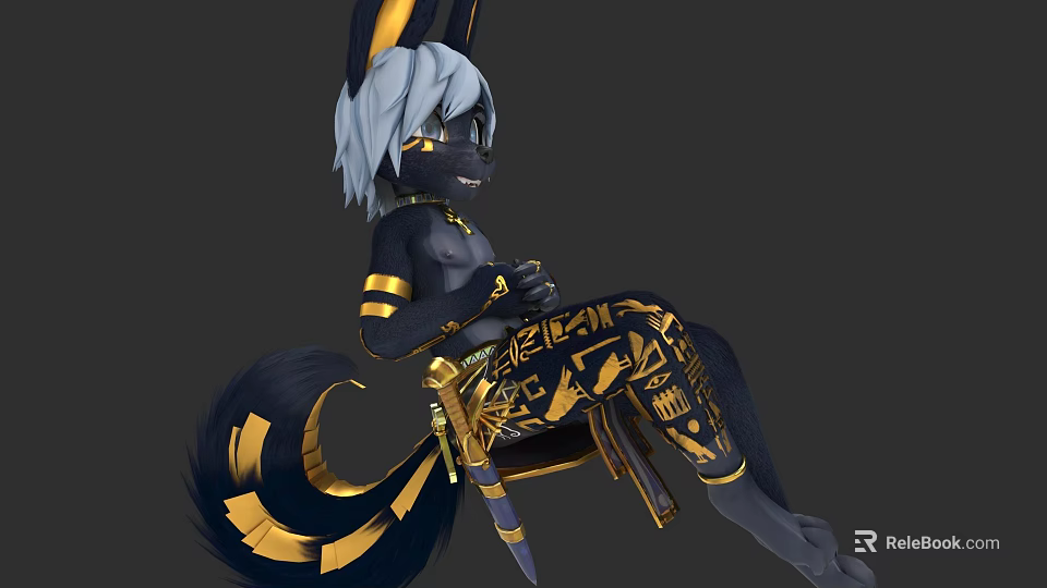Anime Style Character With Rabbit Ears White Hair Black Body And Golden Decorations 3d model 