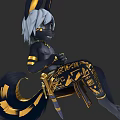 Anime Style Character With Rabbit Ears White Hair Black Body And Golden Decorations