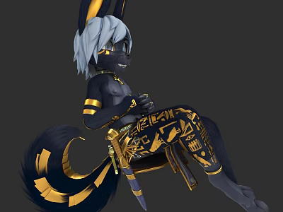 Anime Style Character With Rabbit Ears White Hair Black Body And Golden Decorations 3d model