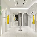 Modern Clothing Store Interior With Hanging Dress Clothes Rack Reception Desk Green Plant And Sofa