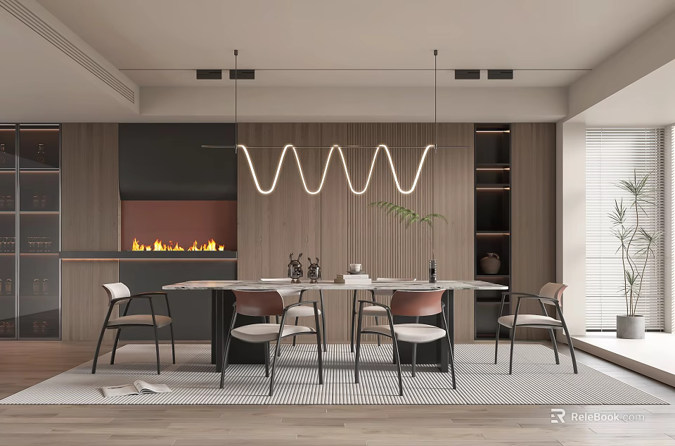 Modern Restaurant Interior With Open Design Dining Table Chairs And Fireplace Pendant Lights 3d model 