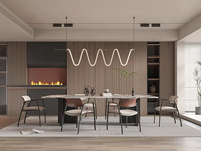 Modern Restaurant Interior With Open Design Dining Table Chairs And Fireplace Pendant Lights 3d model