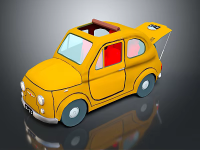 Yellow Retro Cartoon Car With Convertible Top Red Windows Gray Wheels And Black Spoiler 3d model