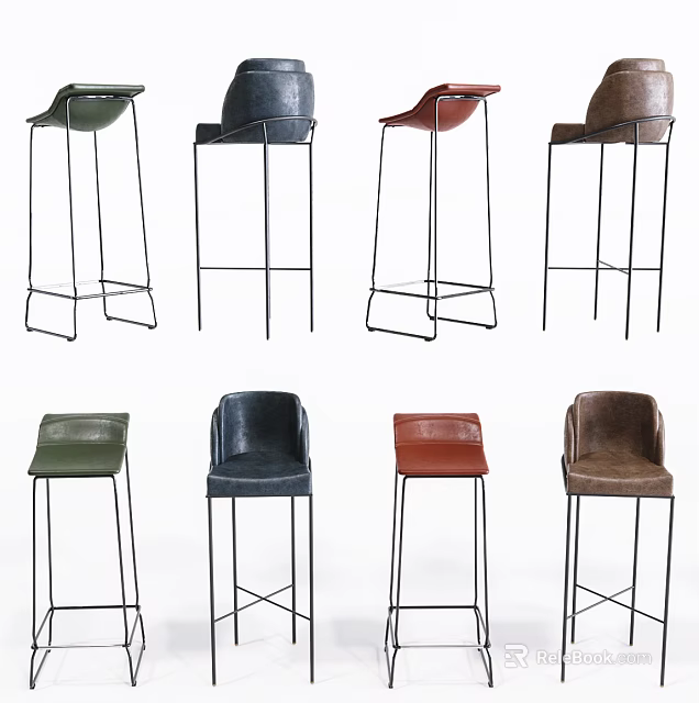 Multicolor Modern Bar Stools Featuring Metal Frames And Leather Seats 3d model