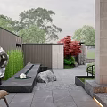 Modern Courtyard Garden With Stone Walls Red Maple Tree Green Plants And Stone Slab Flooring