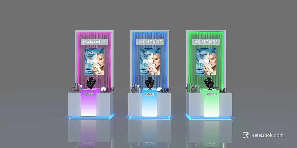 MAXADORE Cosmetics Mall Store Featuring Colorful Display Stands And Illuminated Lights 3d model 