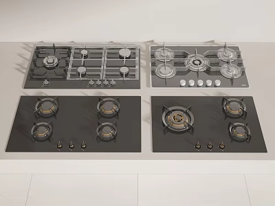Modern Kitchen Gas Cooktops With Four Different Burner Designs And Black Glass Surfaces 3d model