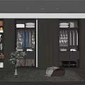 Modern Wardrobe Interior Design With Glass Doors Hanging Clothes And Green Plant