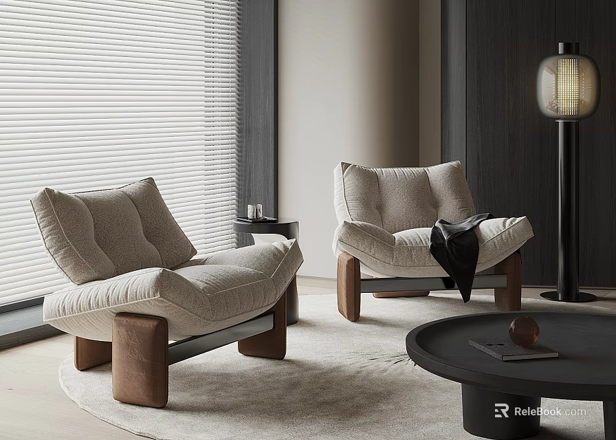 Modern Beige Linen Armchair with Wooden Legs in Living Room and Side Table Floor Lamp for Cozy Design 3d model 