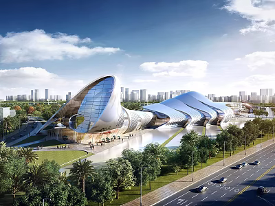 Sleek Modern Shower Sauna Complex With Curved Glass And Landscaping 3d model