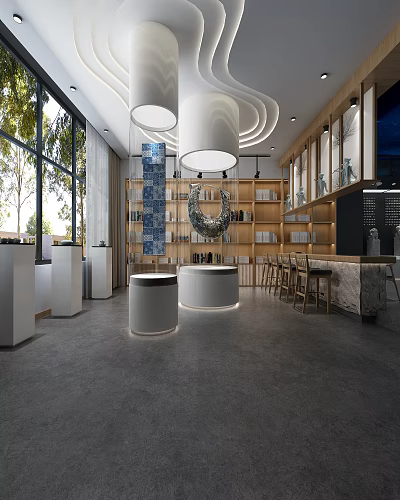 Modern Interior Design With Large Windows Natural Light Bookshelves White Circular Tables And Wooden Bar 3d model