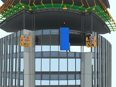 Workers On Suspended Platforms Installing Glass Curtain Wall For Building Exterior 3d model