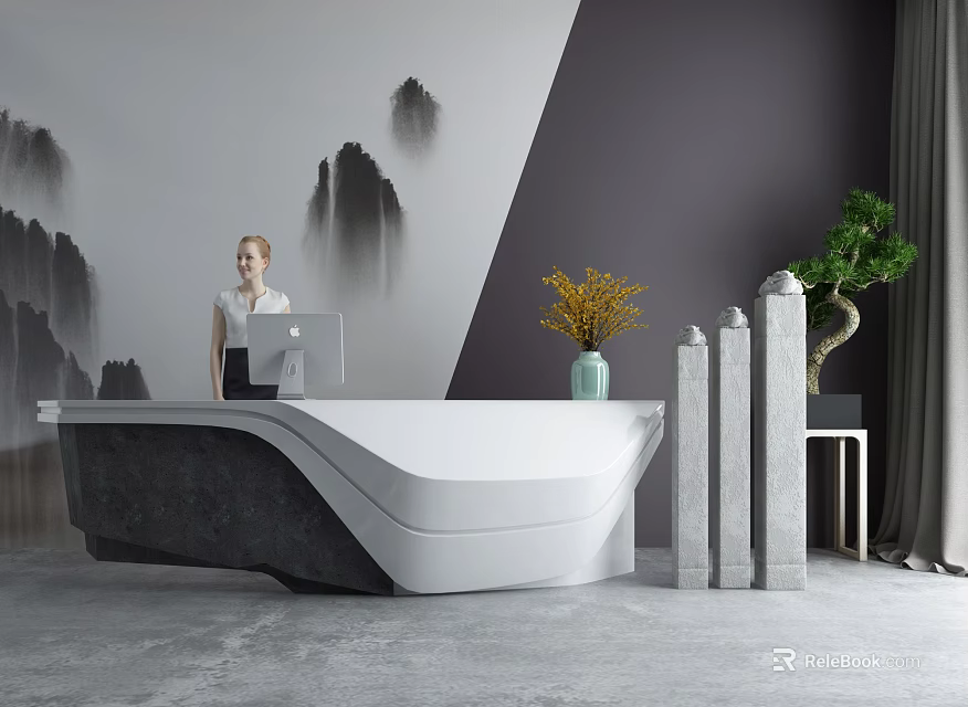Modern Curved White And Gray Reception Desk With Woman Laptop Landscape Painting And Potted Plant 3d model 