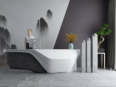 Modern Curved White And Gray Reception Desk With Woman Laptop Landscape Painting And Potted Plant 3d model