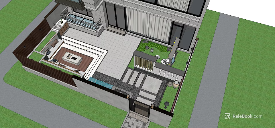 Modern Garden Landscape Design with Courtyard Greenery Stone Pathways and Seating Area 3d model 