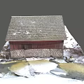 Old Barn With Wooden Walls Stone Base Gray Roof Windows Snowy Ground And Ice