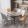 Modern Dining Table Set With Marble Top Black Frame Gold Legs And Orange Gray Chairs