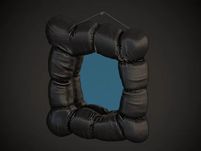 Black Padded Square Mirror With Blue Reflective Surface And Hanging Design 3d model