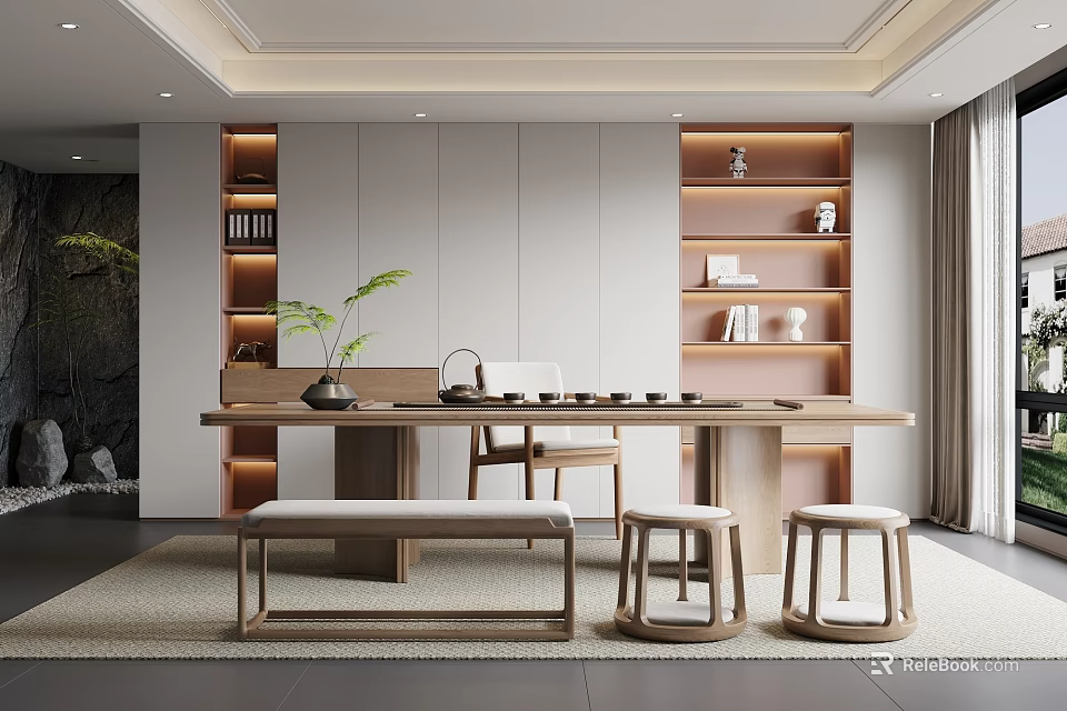 Minimalist Tea Room Interior With Wooden Table Stools Bookshelves And Green Plants 3d model 
