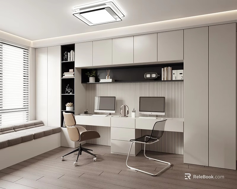 Modern Study Room Interior Design With Double Desks Computers And Bookshelves 3d model