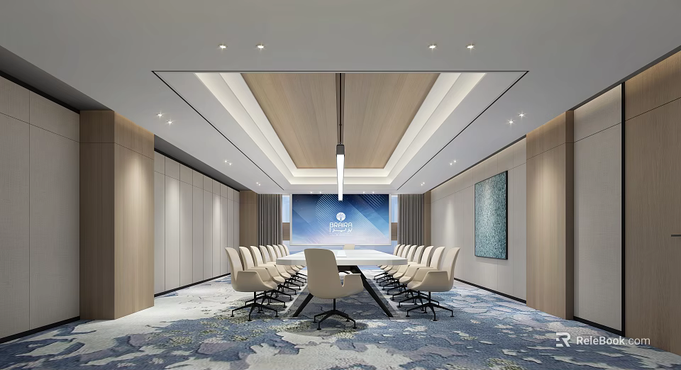 Modern Conference Room Interior Design With Long Table Chairs Projection Screen And Floral Carpet 3d model 
