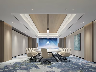 Modern Conference Room Interior Design With Long Table Chairs Projection Screen And Floral Carpet 3d model