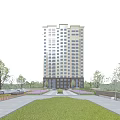 Modern High Rise Residential Building With Large Windows Brown Base And Green Surroundings