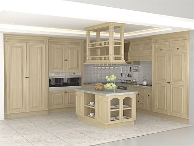 Light Wood Kitchen Cabinets Interior With Central Island And Open Shelving 3d model