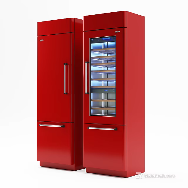 Red Refrigerator Freezer With Double Door Design Glass Door Display Shelf And Modern Metal Handles 3d model 