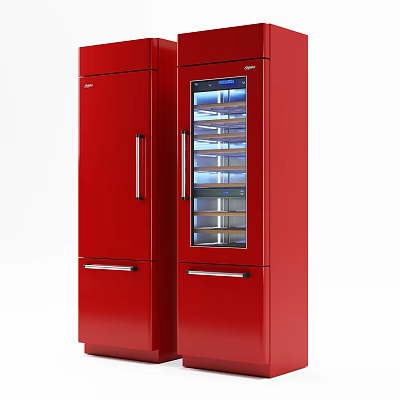 Red Refrigerator Freezer With Double Door Design Glass Door Display Shelf And Modern Metal Handles 3d model