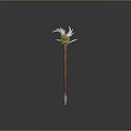 Fantasy Magic Staff With Blue Gemstone White Decorations Red Wooden Shaft And Metal Tip