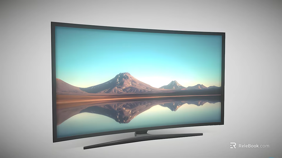 Curved Computer Monitor Displaying Scenic Mountains Lake Reflection On Black Bezel Stand Screen 3d model 