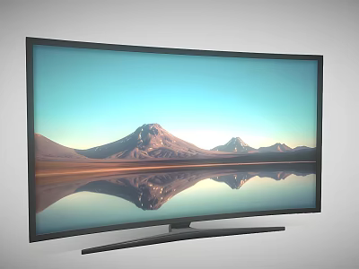 Curved Computer Monitor Displaying Scenic Mountains Lake Reflection On Black Bezel Stand Screen 3d model