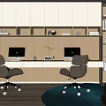 Modern Home Office With Dual Workstations Computers Office Chairs Built in Bookshelves And Recessed Lighting