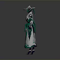 3D Character with Ornate Green White Costume Purple Accents and Flowing Elements