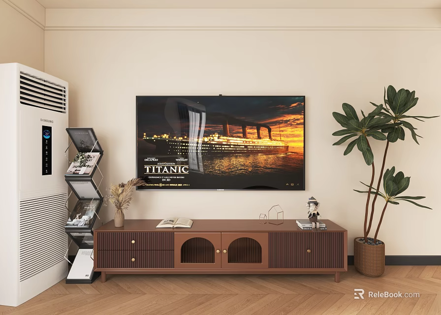Wooden TV Stand in Living Room with Mounted TV Decorative Items and Potted Plant 3d model 