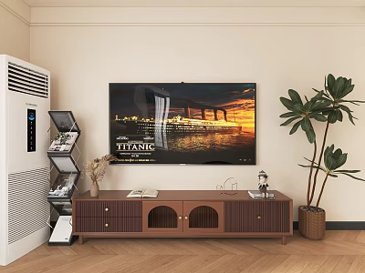 Wooden TV Stand in Living Room with Mounted TV Decorative Items and Potted Plant 3d model