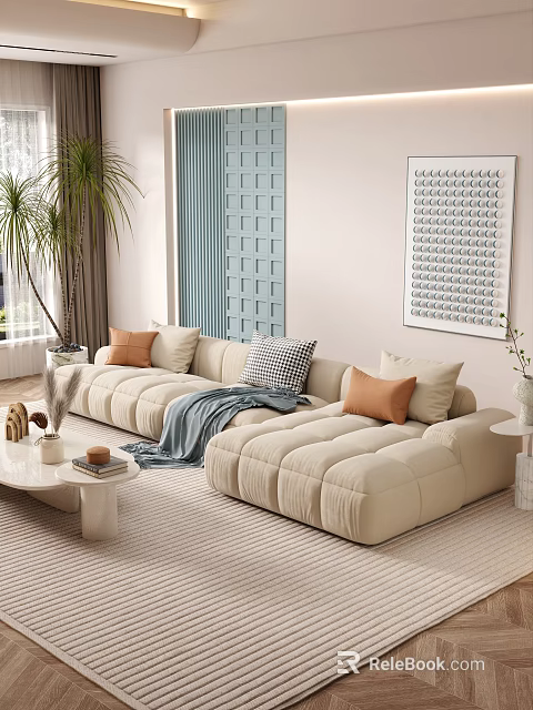 Modern Living Room Interior With Beige Sofa Throw Pillows Rug Green Plant And Decorative Art 3d model 