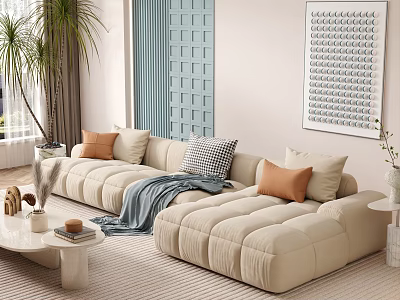 Modern Living Room Interior With Beige Sofa Throw Pillows Rug Green Plant And Decorative Art 3d model