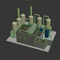 Industrial Processing Facility 3D Model With Towers Pipelines Blue Containers And Gray Structure