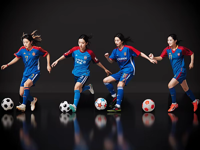 Women in Blue Jerseys Playing Soccer with Multiple Colored Balls on Reflective Surface 3d model