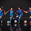 Women in Blue Jerseys Playing Soccer with Multiple Colored Balls on Reflective Surface