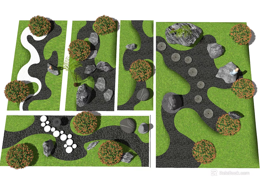 Karesansui Dry Landscape Garden Design With Stepping Stones Gravel And Mossy Plants 3d model 