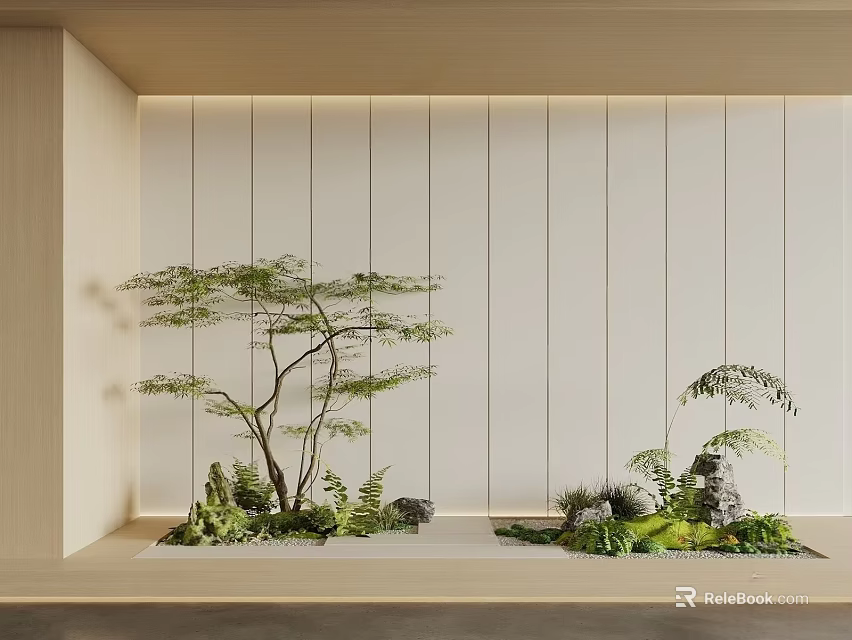 Indoor Plant Combination With Small Trees Ferns And Natural Stones Against Minimalist Wall 3d model 