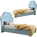 Blue Kids Bed With Tufted Cloud Headboard Polka Dot Mattress Yellow Blanket And Gray Pillows